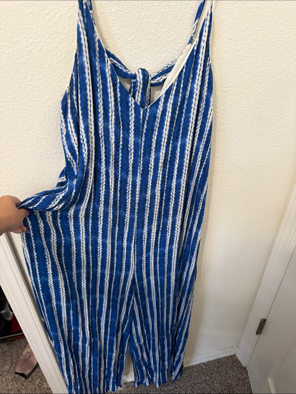 Lush Blue & White Striped V-Neck Women's Jumpsuit